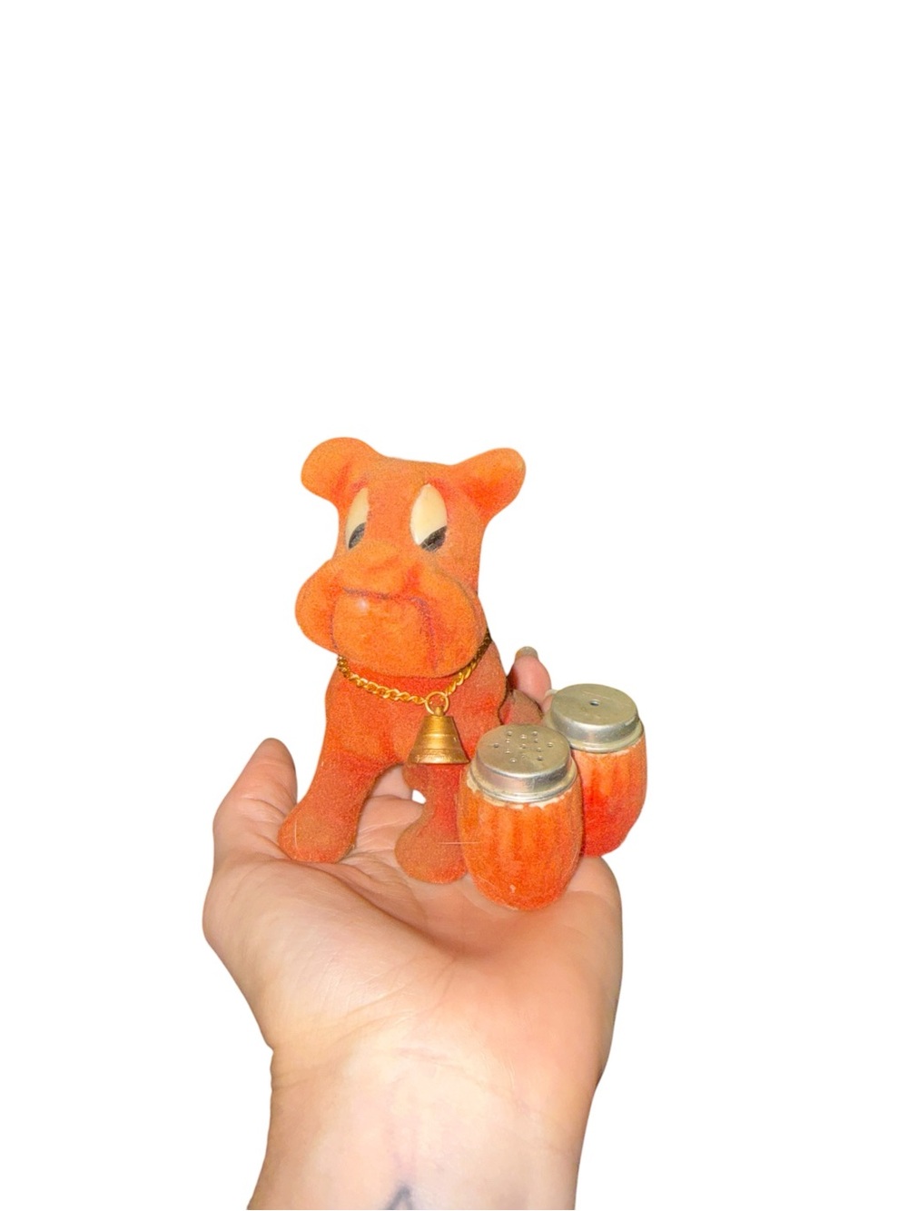 Vintage flocked reddish orange bulldog with salt and pepper shakers